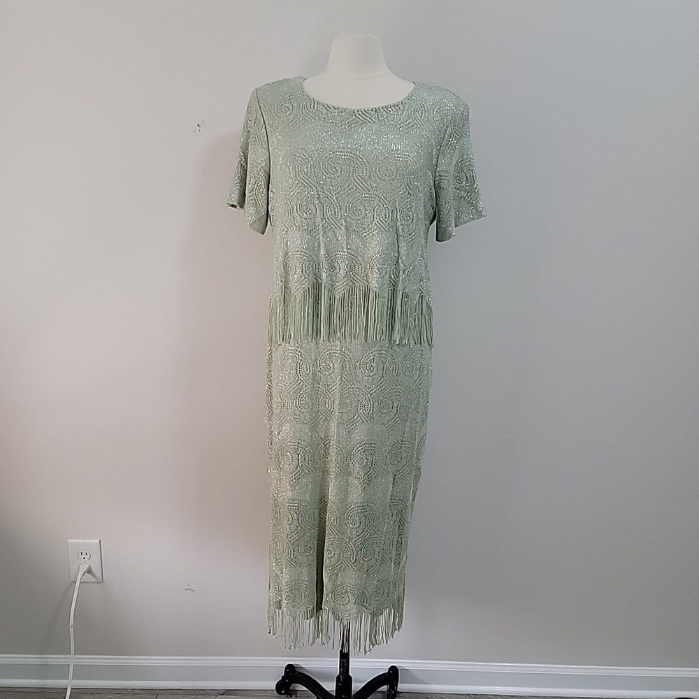 Vtg SL Fashions Green Lame Sparkly Formal Long Party Dress with Fringe Size 14WP